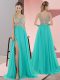 Flare Sleeveless Chiffon Sweep Train Zipper Prom Dress in Turquoise with Beading