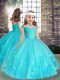 Aqua Blue Ball Gowns Straps Sleeveless Tulle Floor Length Lace Up Beading and Hand Made Flower Pageant Dress for Womens