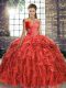 Customized Off The Shoulder Sleeveless Organza Quinceanera Gown Beading and Ruffles Brush Train Lace Up