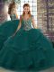 Modest Tulle Straps Sleeveless Lace Up Beading and Ruffles Quince Ball Gowns in Peacock Green