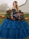 Colorful Sleeveless Tulle Brush Train Lace Up Quinceanera Dress in Blue And Black with Embroidery and Ruffled Layers