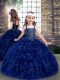 Best Blue Ball Gowns Organza Straps Sleeveless Beading and Ruffles Floor Length Lace Up Girls Pageant Dresses