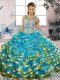 Delicate Floor Length Lace Up Quinceanera Gown Blue for Military Ball and Sweet 16 and Quinceanera with Beading and Ruffles