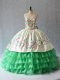 Floor Length Lace Up 15th Birthday Dress Apple Green for Sweet 16 and Quinceanera with Embroidery and Ruffled Layers