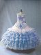 High Class Embroidery and Ruffled Layers Quinceanera Dress Blue And White Lace Up Sleeveless Floor Length