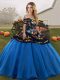 Super Sleeveless Floor Length Embroidery Lace Up Sweet 16 Quinceanera Dress with Blue And Black