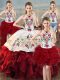 Classical Organza Halter Top Sleeveless Lace Up Embroidery and Ruffles Vestidos de Quinceanera in White And Red