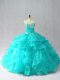Delicate Floor Length Aqua Blue Vestidos de Quinceanera Organza Sleeveless Beading and Ruffles