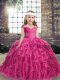 Sleeveless Floor Length Beading and Ruffles Lace Up Little Girl Pageant Gowns with Fuchsia