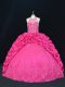 Customized Hot Pink Halter Top Neckline Beading and Appliques and Embroidery and Pick Ups Quinceanera Gown Sleeveless Lace Up