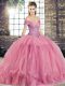 Top Selling Watermelon Red Tulle Lace Up Quinceanera Dress Sleeveless Floor Length Beading and Ruffles