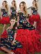 Superior Red And Black Sleeveless Floor Length Embroidery and Ruffles Lace Up Vestidos de Quinceanera