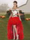 Custom Design Red A-line Off The Shoulder Sleeveless Organza High Low Lace Up Embroidery and Ruffles Evening Dress