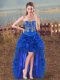 Royal Blue Ball Gowns Organza Sweetheart Sleeveless Embroidery and Ruffles High Low Lace Up
