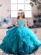 Custom Designed Floor Length Blue Little Girls Pageant Gowns Tulle Sleeveless Beading and Ruffles