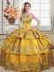 Dramatic Gold Sleeveless Floor Length Embroidery and Ruffled Layers Lace Up Quinceanera Gowns
