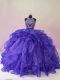 Deluxe Halter Top Sleeveless Quinceanera Gowns Brush Train Beading and Ruffles Purple Organza