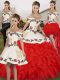 Sleeveless Floor Length Embroidery and Ruffles Lace Up Quince Ball Gowns with White And Red