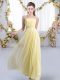 High Class Yellow Empire Chiffon Strapless Sleeveless Beading Lace Up Damas Dress Sweep Train