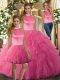 Trendy Hot Pink Tulle Backless Halter Top Sleeveless Floor Length 15th Birthday Dress Ruffles