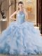 Trendy Blue Sleeveless Brush Train Beading and Ruffles Sweet 16 Quinceanera Dress  Trendy Blue Sleeveless Brush Train Beading and Ruffles Sweet 16 Quinceanera Dress