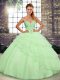 Unique Sweetheart Sleeveless Tulle Sweet 16 Dress Beading and Ruffled Layers Brush Train Lace Up