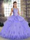 Lavender Scoop Neckline Lace and Embroidery and Ruffles Ball Gown Prom Dress Sleeveless Lace Up
