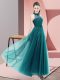 Customized Teal Empire Tulle Halter Top Sleeveless Beading and Appliques Floor Length Lace Up Dama Dress for Quinceanera