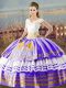 Stylish V-neck Sleeveless Lace Up 15 Quinceanera Dress White And Purple Satin