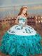 On Sale Aqua Blue Sleeveless Embroidery and Ruffles Floor Length Kids Pageant Dress