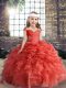 Hot Selling Coral Red Ball Gowns Organza Straps Sleeveless Beading and Ruffles and Pick Ups Floor Length Lace Up Kids Pageant Dress