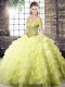 Organza Off The Shoulder Sleeveless Brush Train Lace Up Beading and Ruffled Layers Sweet 16 Dress in Yellow