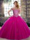 Inexpensive Fuchsia Ball Gowns Beading Quinceanera Dresses Lace Up Tulle Sleeveless Floor Length