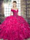 Organza Off The Shoulder Sleeveless Lace Up Beading and Ruffles Quinceanera Dresses in Hot Pink