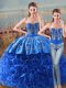 Romantic Royal Blue Fabric With Rolling Flowers Lace Up Quince Ball Gowns Sleeveless Brush Train Embroidery and Ruffles