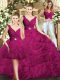 New Style Fuchsia Three Pieces V-neck Sleeveless Fabric With Rolling Flowers Floor Length Backless Beading Sweet 16 Quinceanera Dress