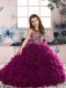 Floor Length Lace Up Kids Formal Wear Fuchsia for Party and Military Ball and Wedding Party with Beading and Ruffles