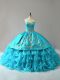 Sleeveless Organza Floor Length Lace Up Sweet 16 Dress in Aqua Blue with Embroidery and Ruffles