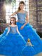 Super Blue Sleeveless Brush Train Beading and Pick Ups Quince Ball Gowns