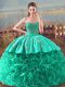 Turquoise Sleeveless Fabric With Rolling Flowers Brush Train Lace Up Quinceanera Dress for Sweet 16 and Quinceanera