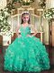 Adorable Turquoise Organza Lace Up Straps Sleeveless Floor Length Kids Pageant Dress Beading and Ruffles