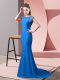 Eye-catching Blue Prom Gown Prom and Party with Beading High-neck Short Sleeves Brush Train Backless