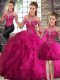 Charming Fuchsia Tulle Lace Up Halter Top Sleeveless Floor Length Quinceanera Dress Beading and Ruffles