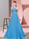 Fancy Floor Length Blue Teens Party Dress Chiffon Sleeveless Beading