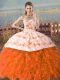 Sleeveless Embroidery Lace Up Quinceanera Dress with Orange and Rust Red Court Train