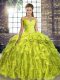 Cute Yellow Green Ball Gowns Off The Shoulder Sleeveless Organza Brush Train Lace Up Beading and Ruffles Quinceanera Dresses