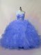 Sleeveless Floor Length Beading and Ruffles Lace Up Ball Gown Prom Dress with Blue