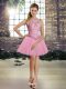 Fancy Pink Ball Gowns Scoop Sleeveless Tulle Mini Length Lace Up Beading Prom Gown