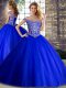 Eye-catching Tulle Off The Shoulder Sleeveless Brush Train Lace Up Beading Sweet 16 Dress in Royal Blue