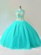 Custom Design Tulle Sleeveless Floor Length Vestidos de Quinceanera and Beading